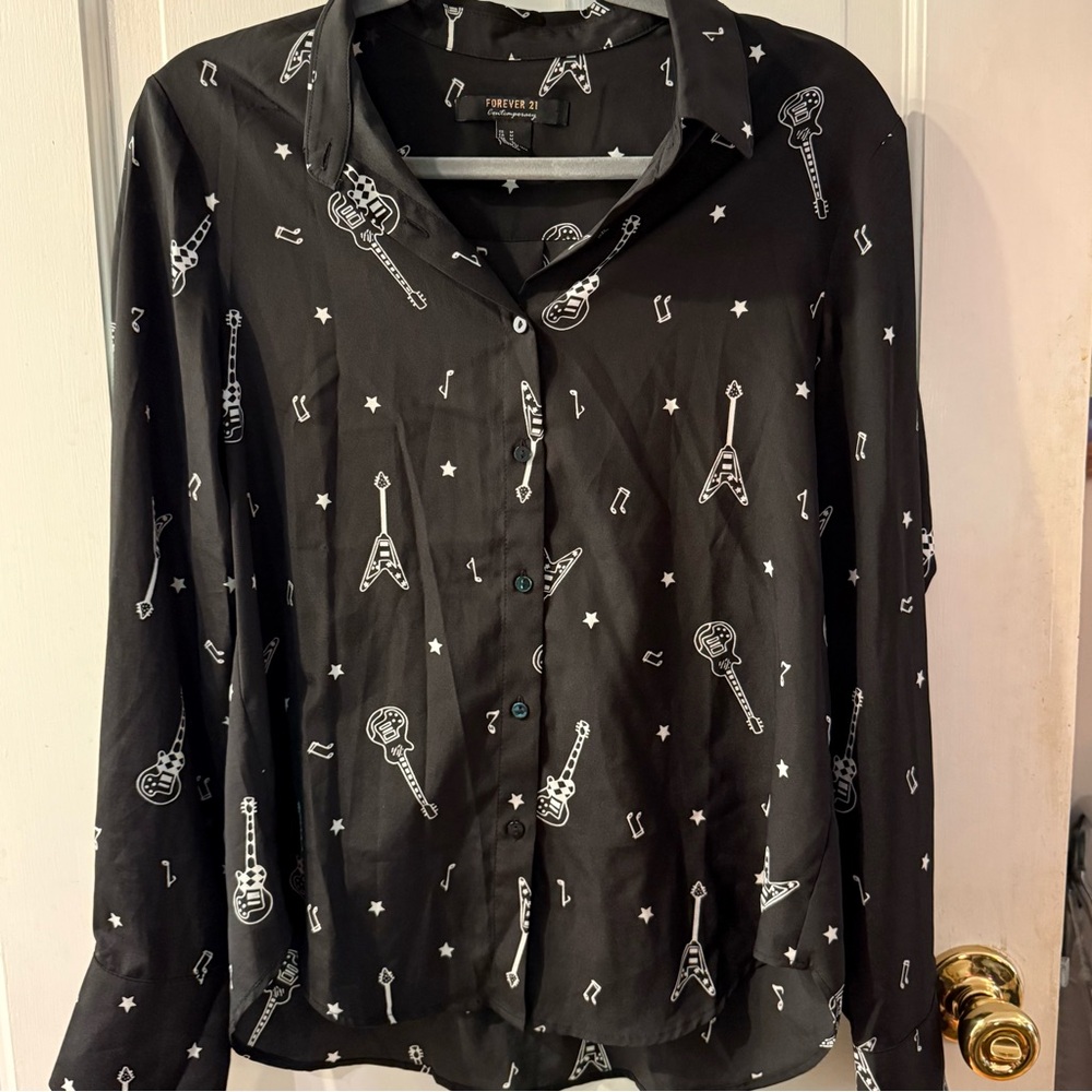 Forever 21 Black & White Music Print Semi-Sheer Button-Down - Size M, small flaw